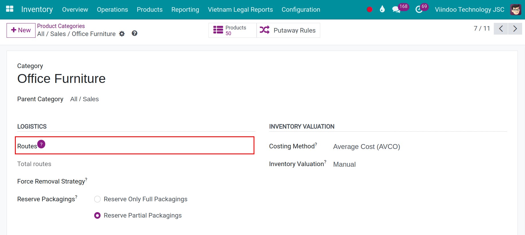 Route configuration on Product Category Inventory Viindoo