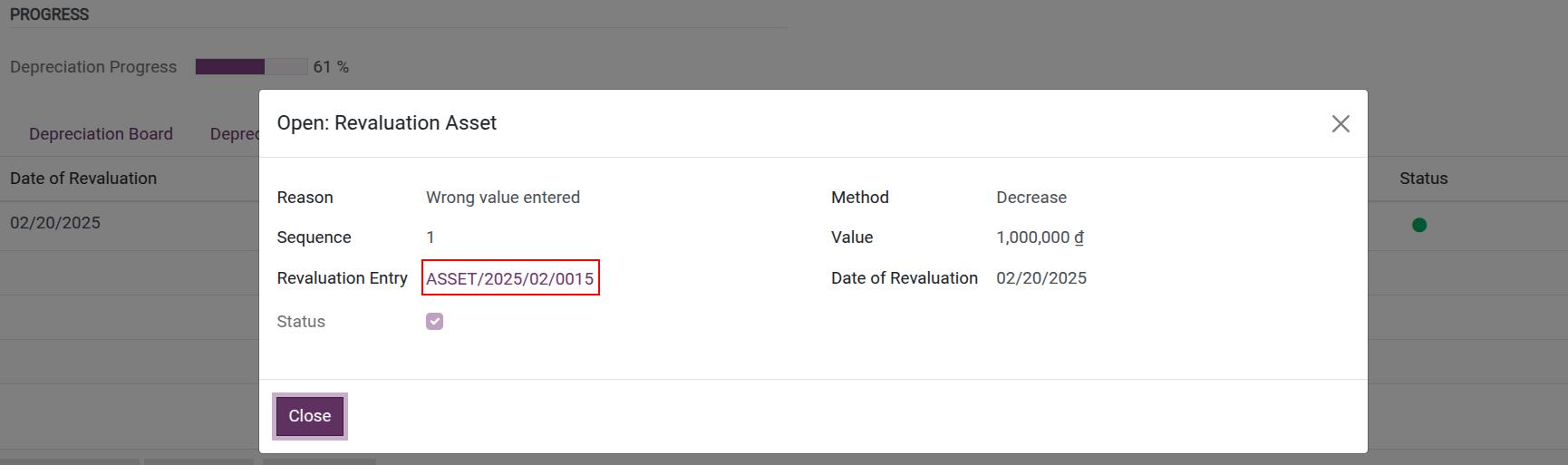 Pop-up window with details information and asset revaluation reason in Viindoo accounting software