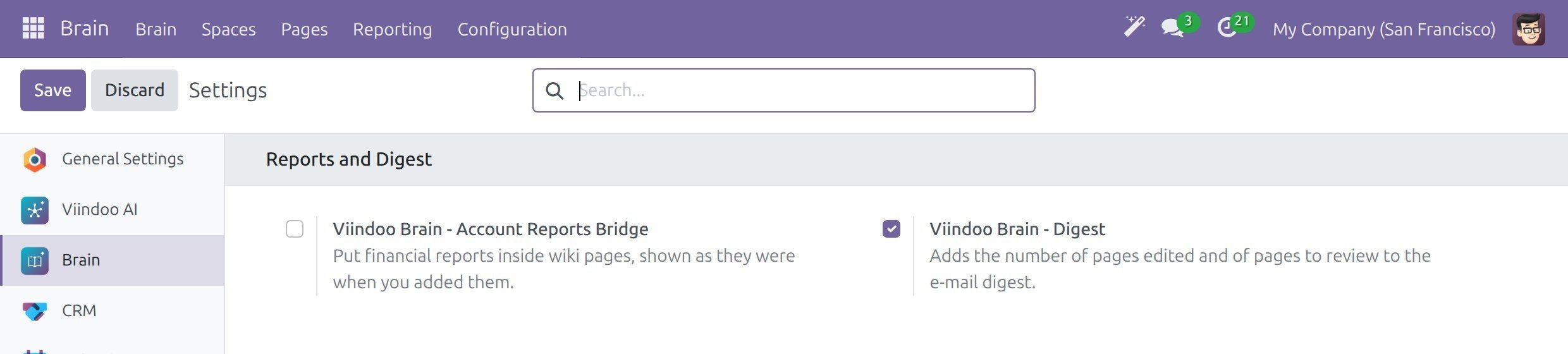 The Reports and Digest block of the Brain settings with the Viindoo Brain - Digest add-on ticked and its one-line description