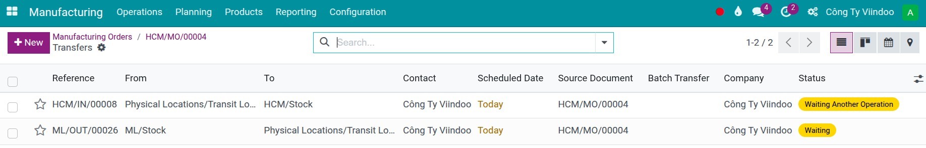 Internal transfers from manufacturing order