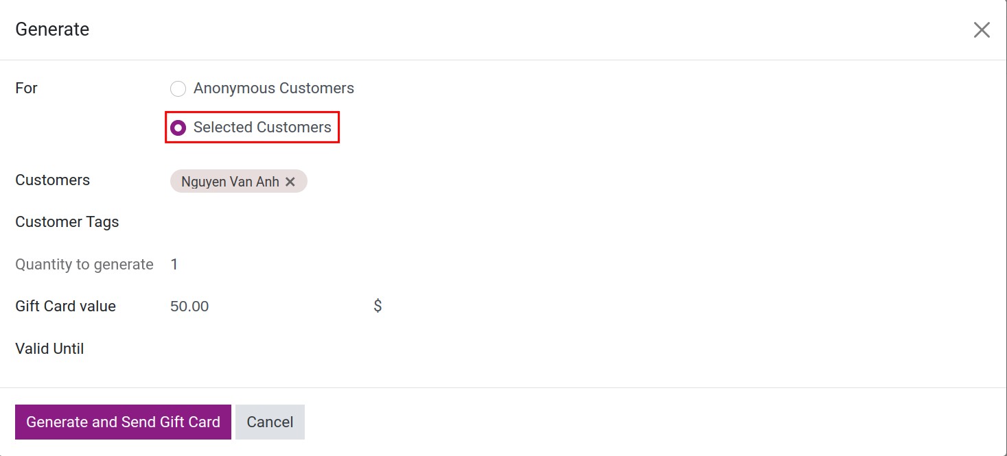 Select specific customers to receive gift cards in Viindoo
