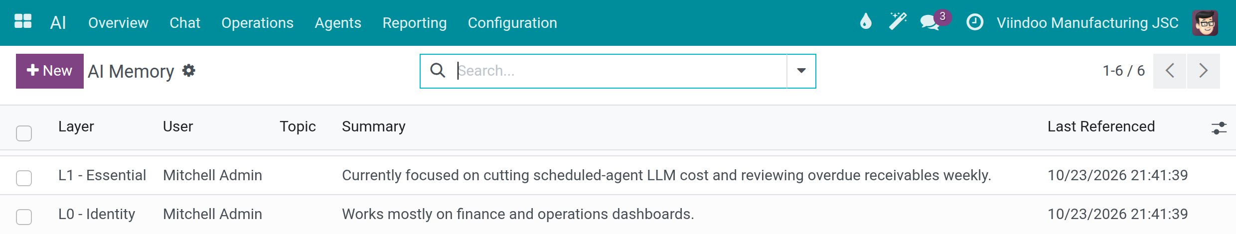 The list of AI memory notes with their layer, user and summary