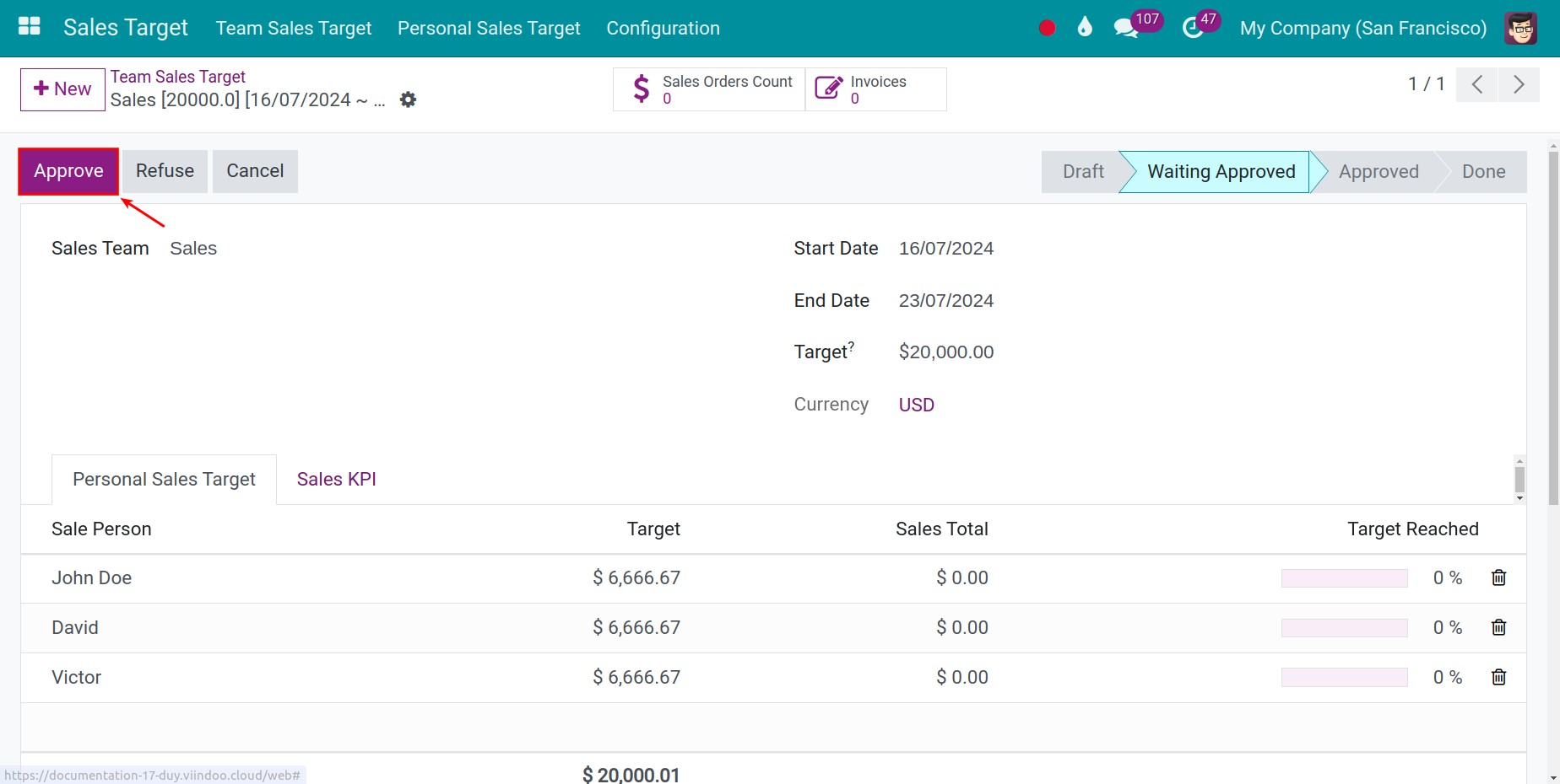 Approve team sales target