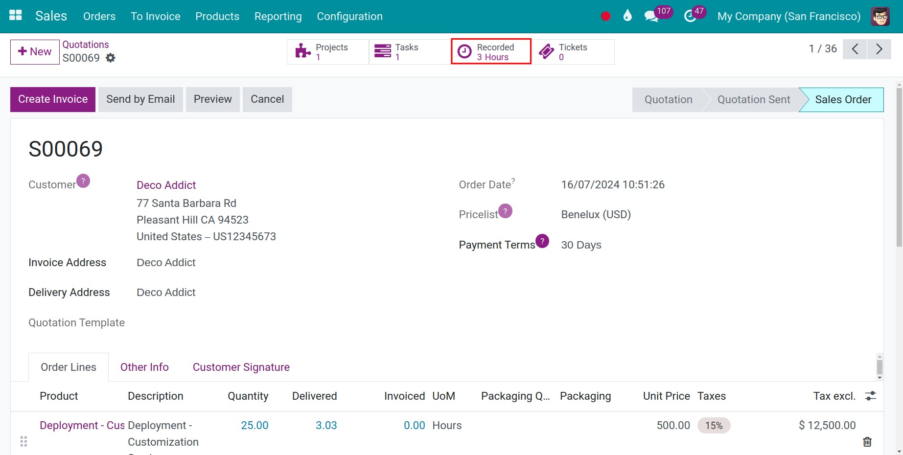 The number of hours displayed on the sales order Viindoo