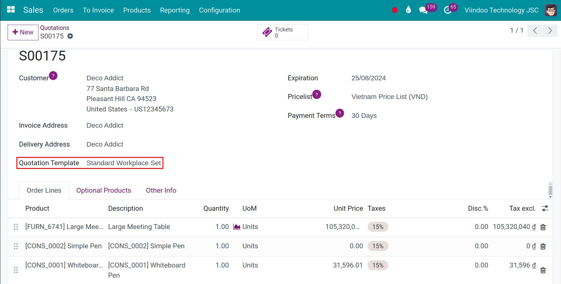 Use quotation template - Viindoo