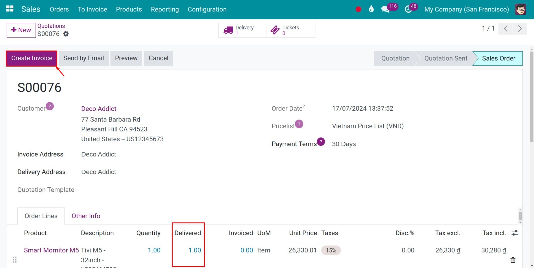 Generate invoice according to delivered quantity Invoice Viindoo