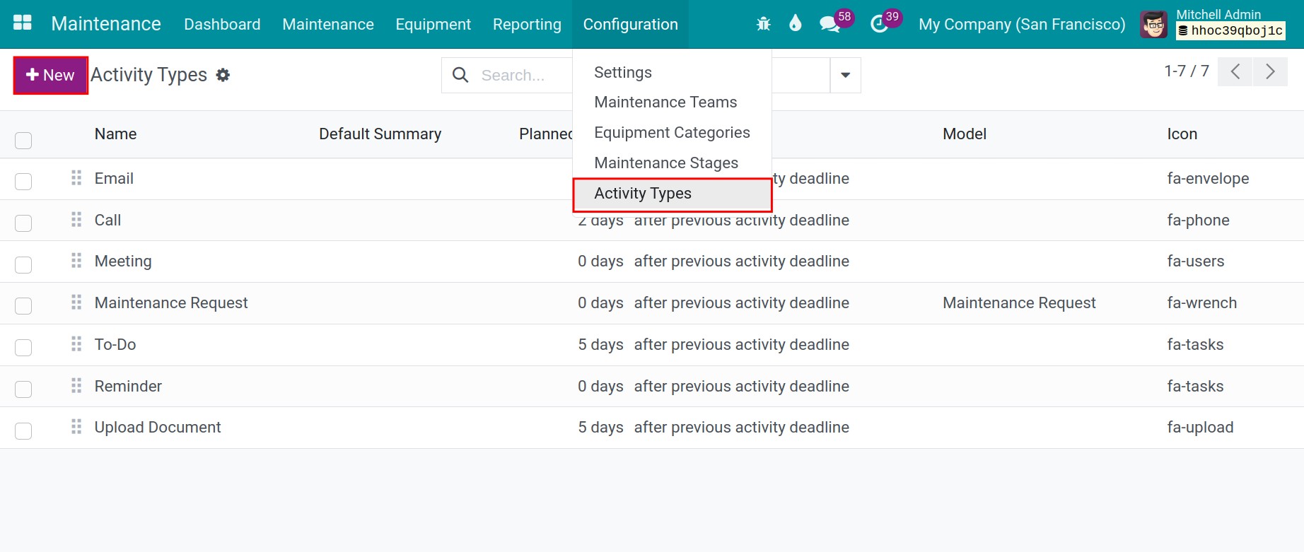 Setting the Activity types