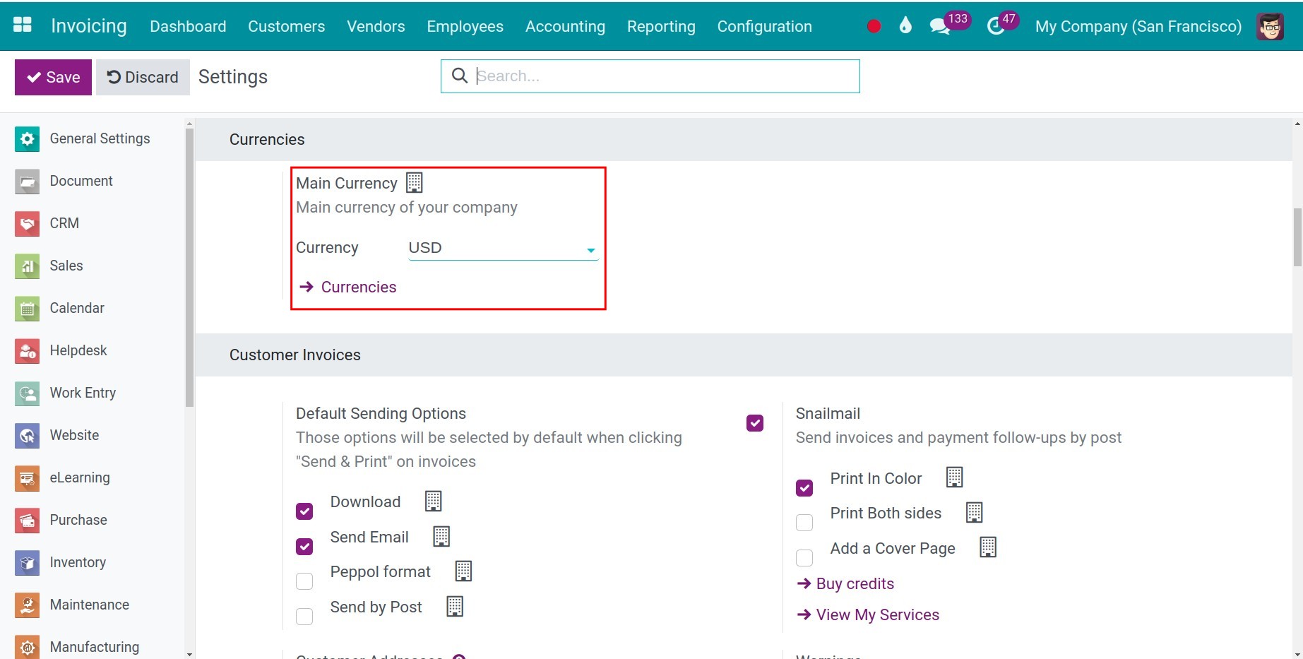 Set the main currency of the company in Invoicing app