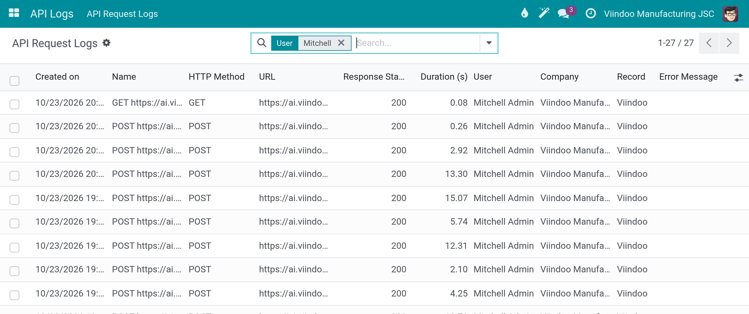 The API Request Logs list with date, name, method, address, response status, duration, user and company