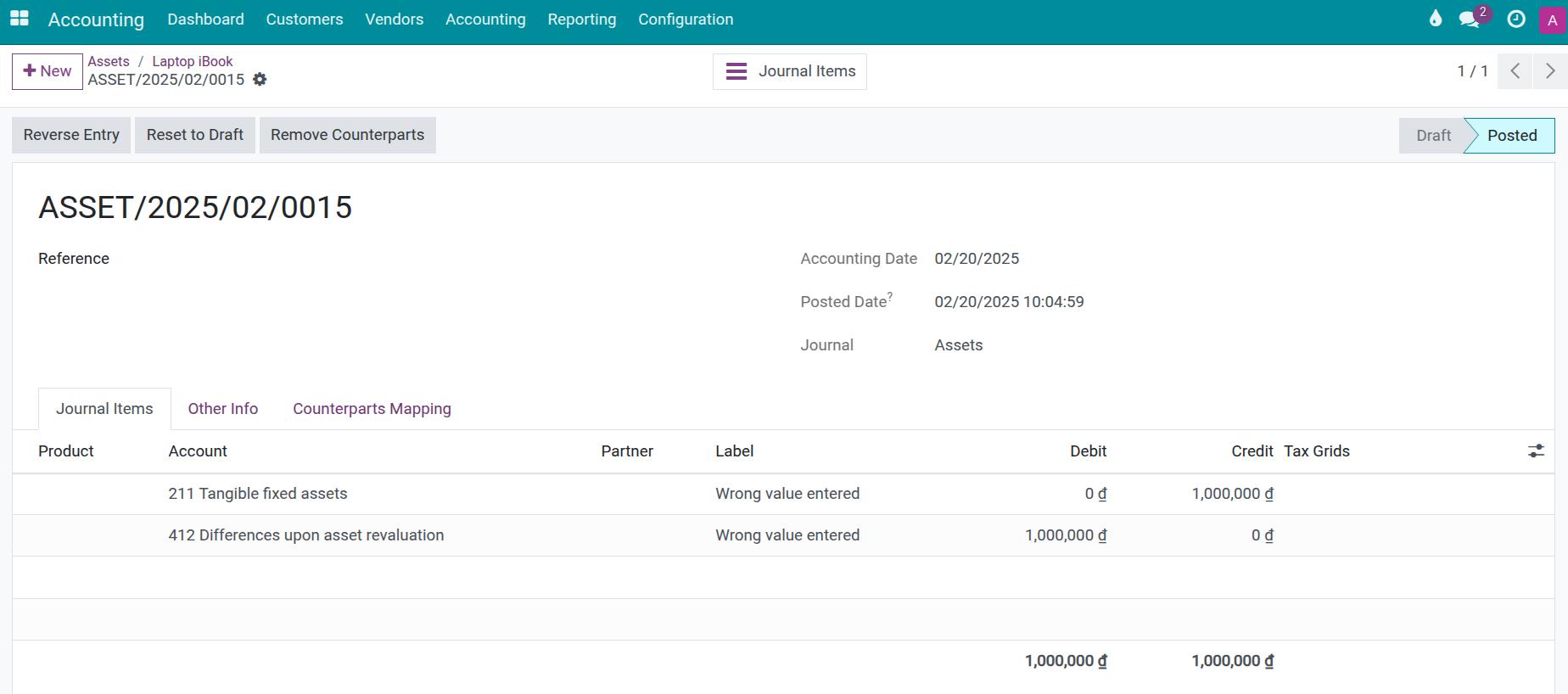 Journal entry for asset revaluation in Viindoo accounting app