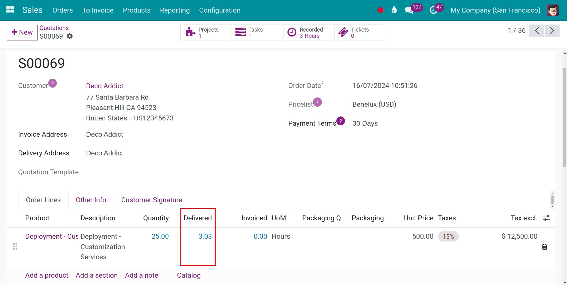 Sum of hours on the detailed line of the sale order Viindoo.