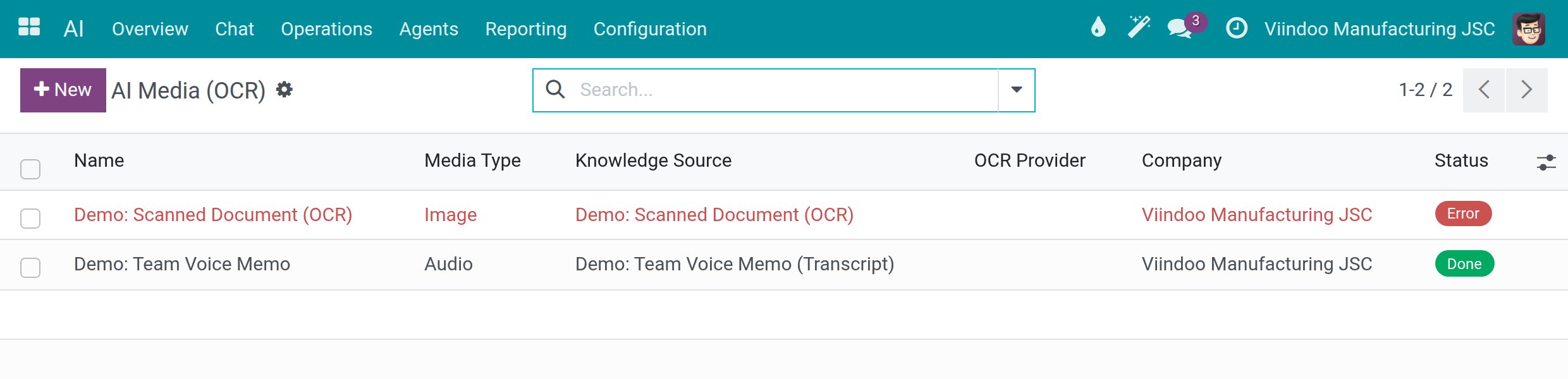 The list of media read by the AI with their type, source and status