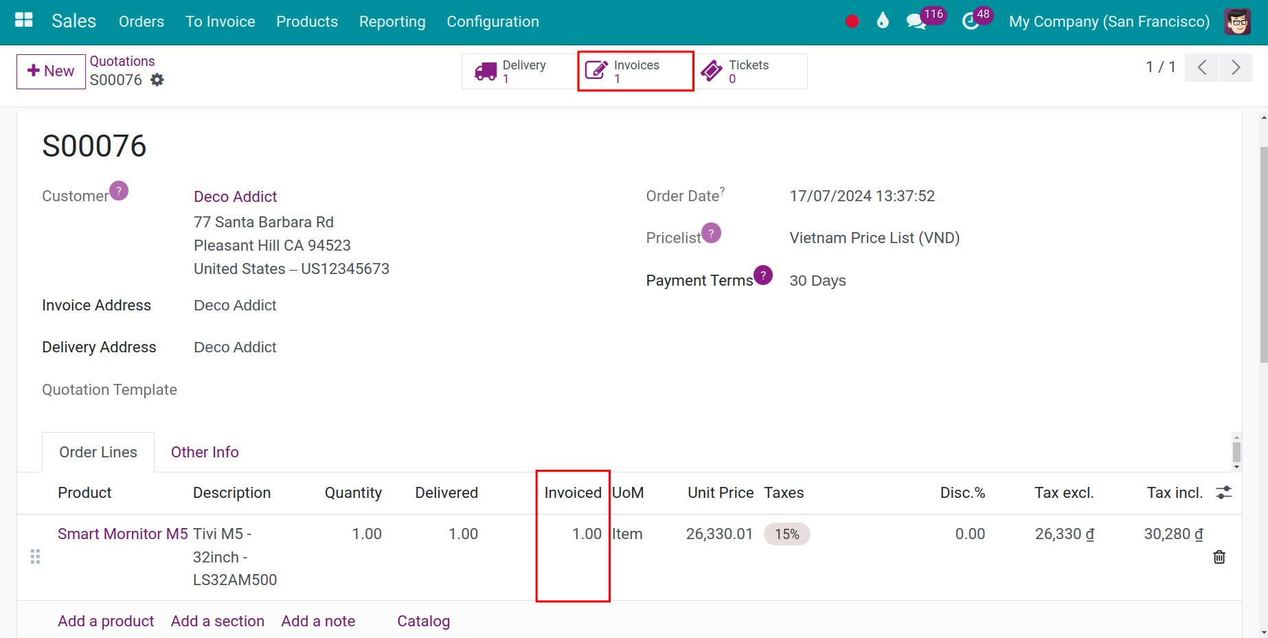 Invoiced quantity Viindoo