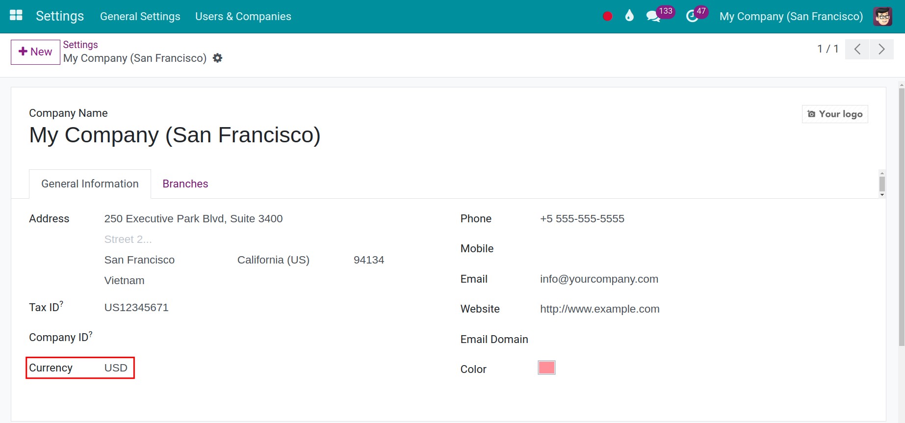 Set the main currency of the company in Setting app