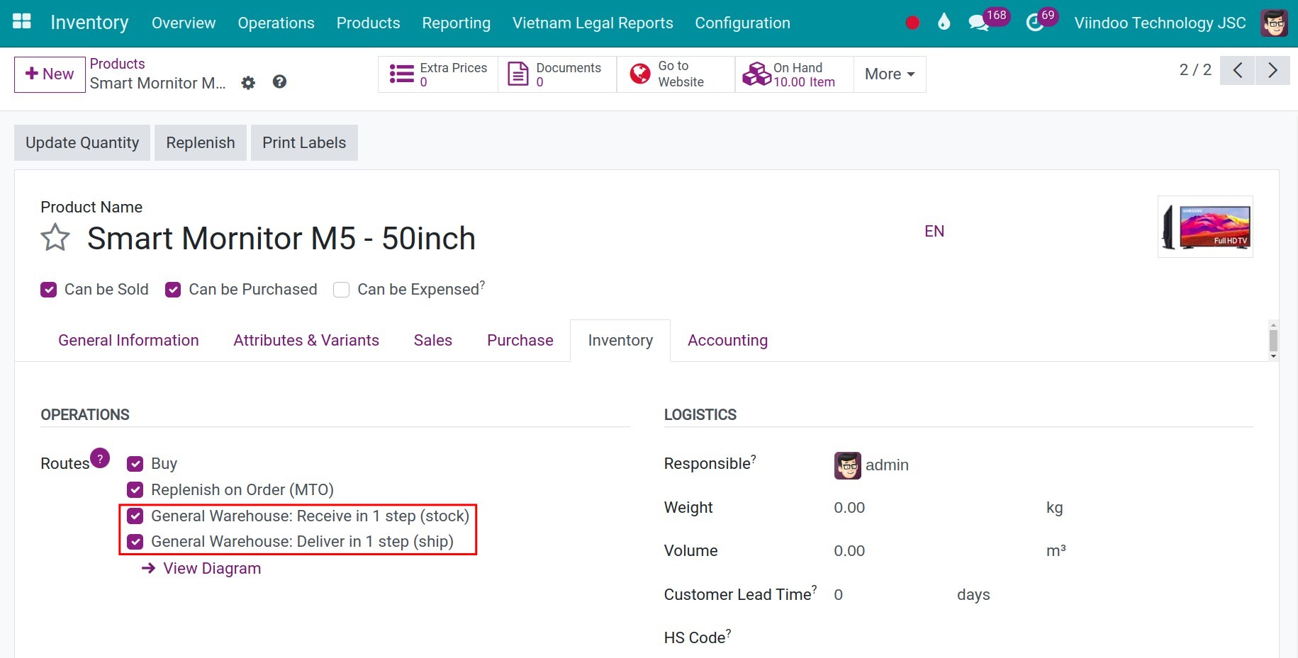 Route configuration on Product Inventory Viindoo