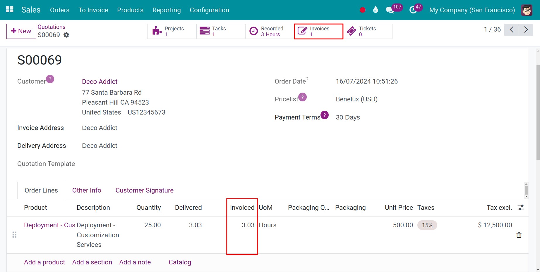 Update the number of hours after invoicing to the customer Viindoo.