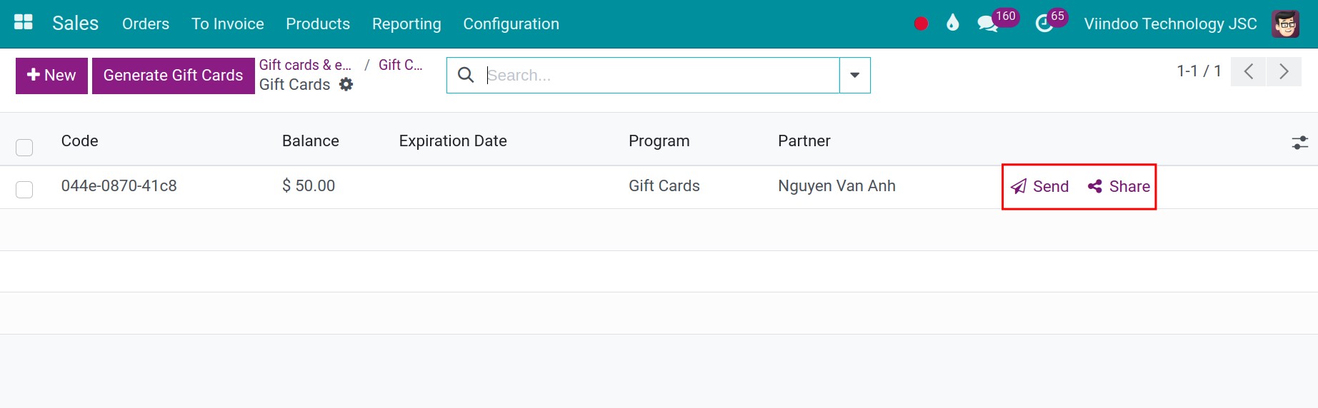 Send or share gift cards to customers in Viindoo