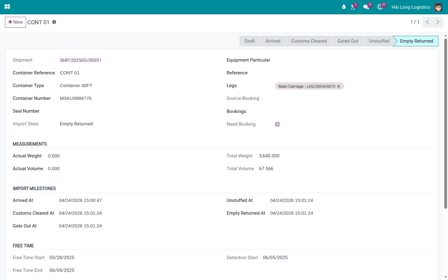 Import container after Empty Returned with all import milestones complete.
