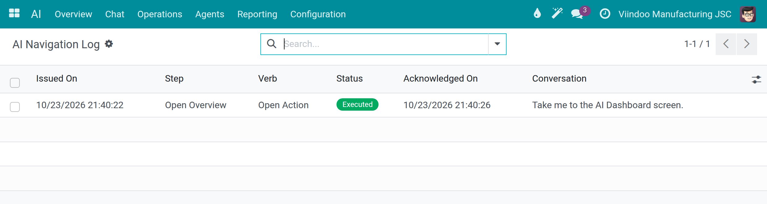 The AI Navigation Log with one executed step and the conversation it came from