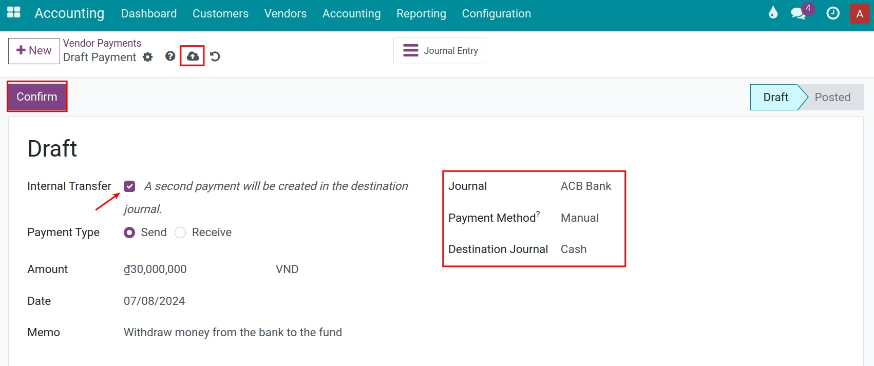 Withdraw money to cash on hand