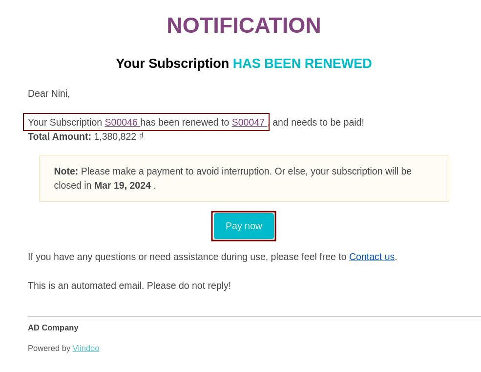 Notification about the new order and need to pay