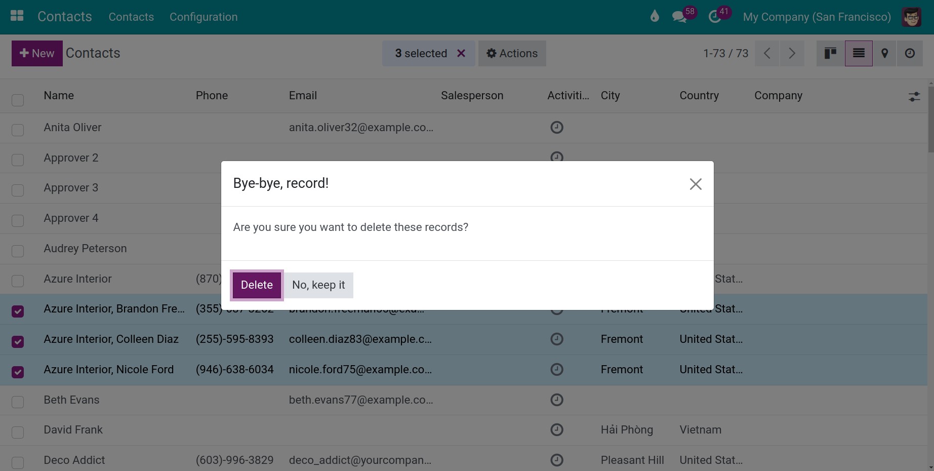 confirm to delete contacts