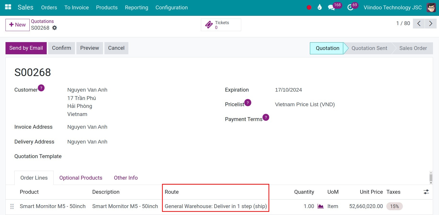 Route configuration on quotation Inventory Viindoo