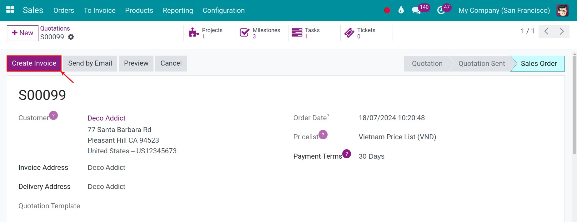 Create invoice button