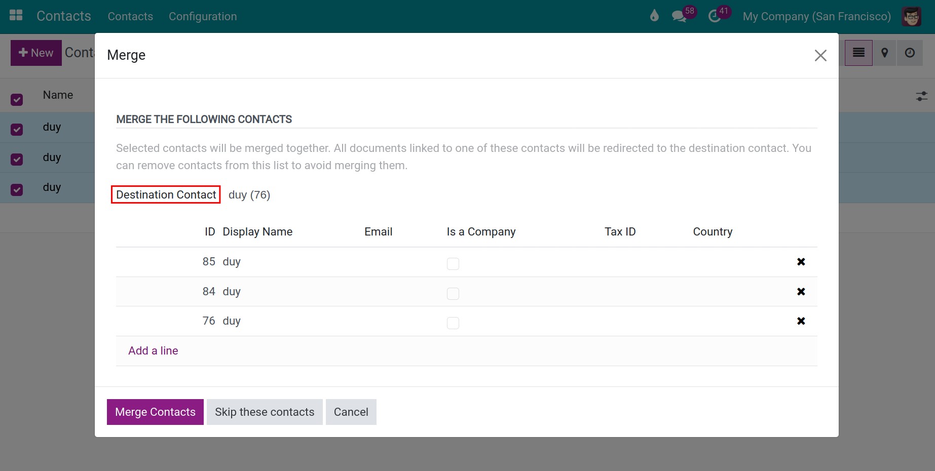 select the destination contact