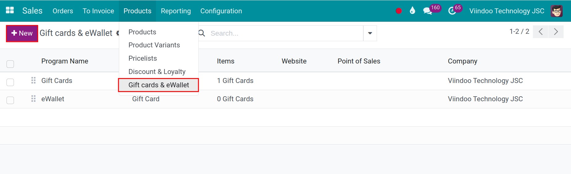 Access the gift card and eWallet menu in Viindoo