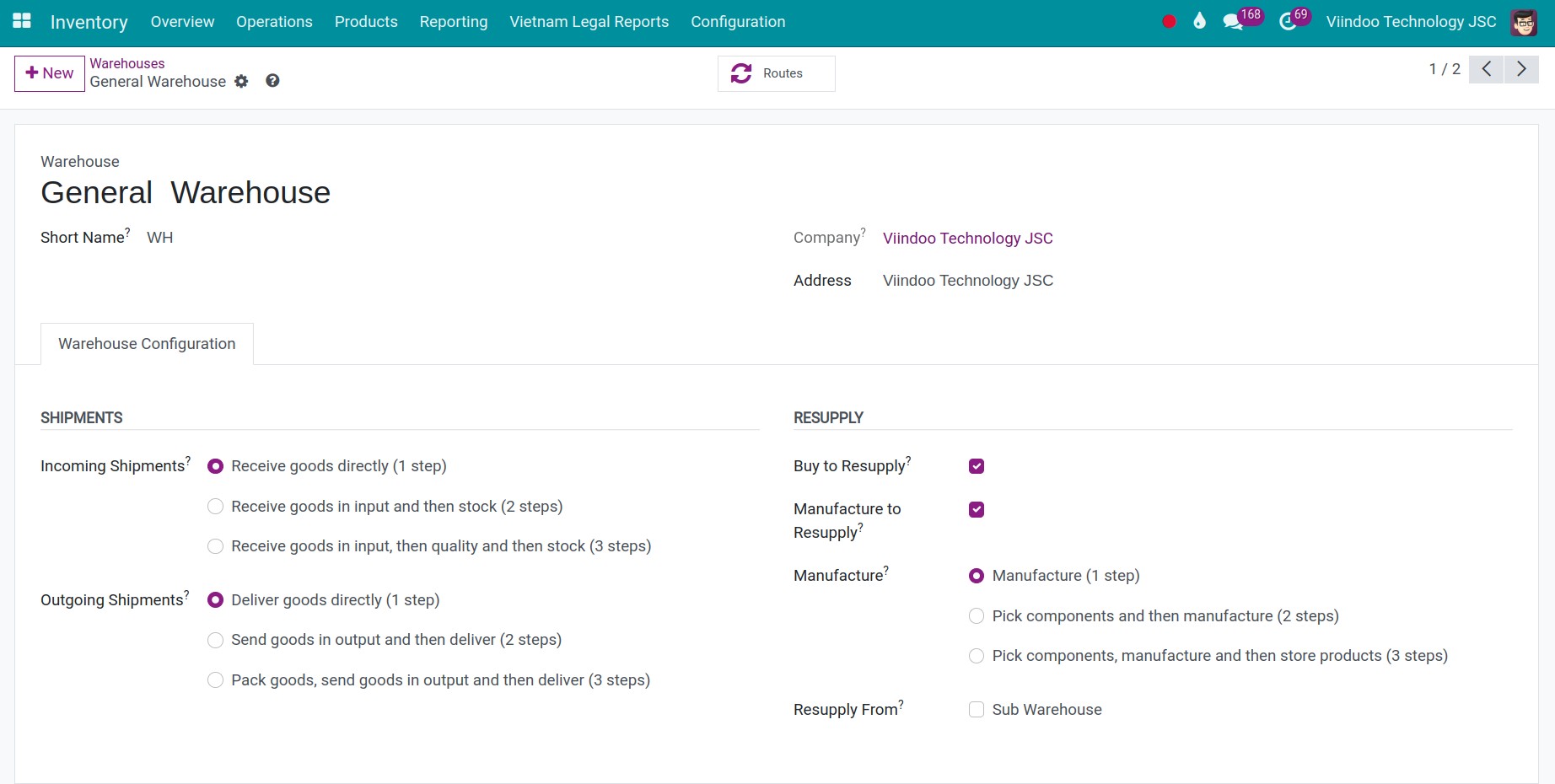 Stock location configuration 1 step Inventory Viindoo