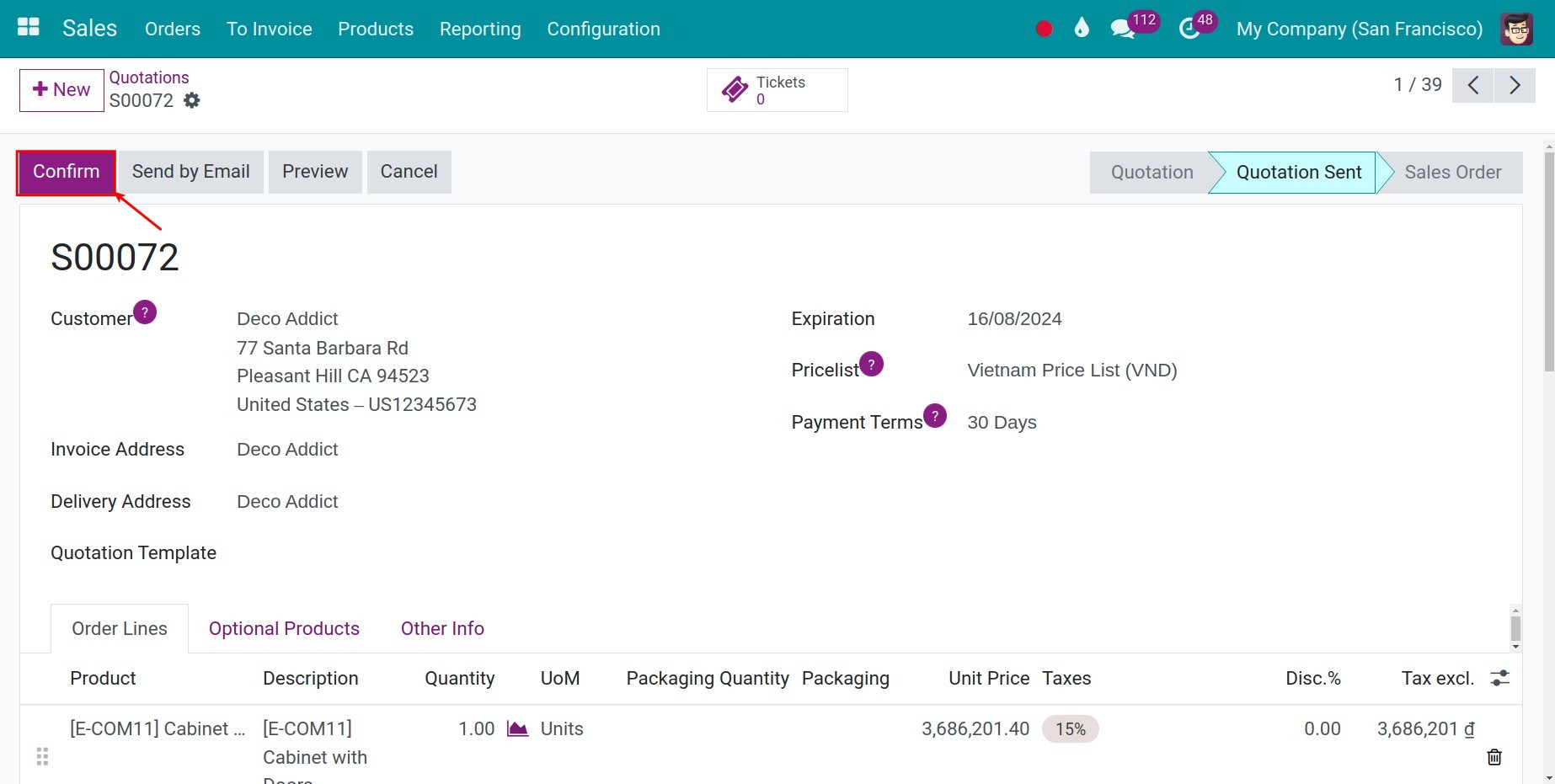 Confirm a quotation in Viindoo