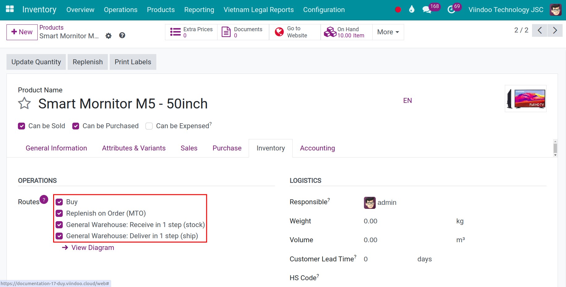 Configure replenishment route on Product Inventory Viindoo