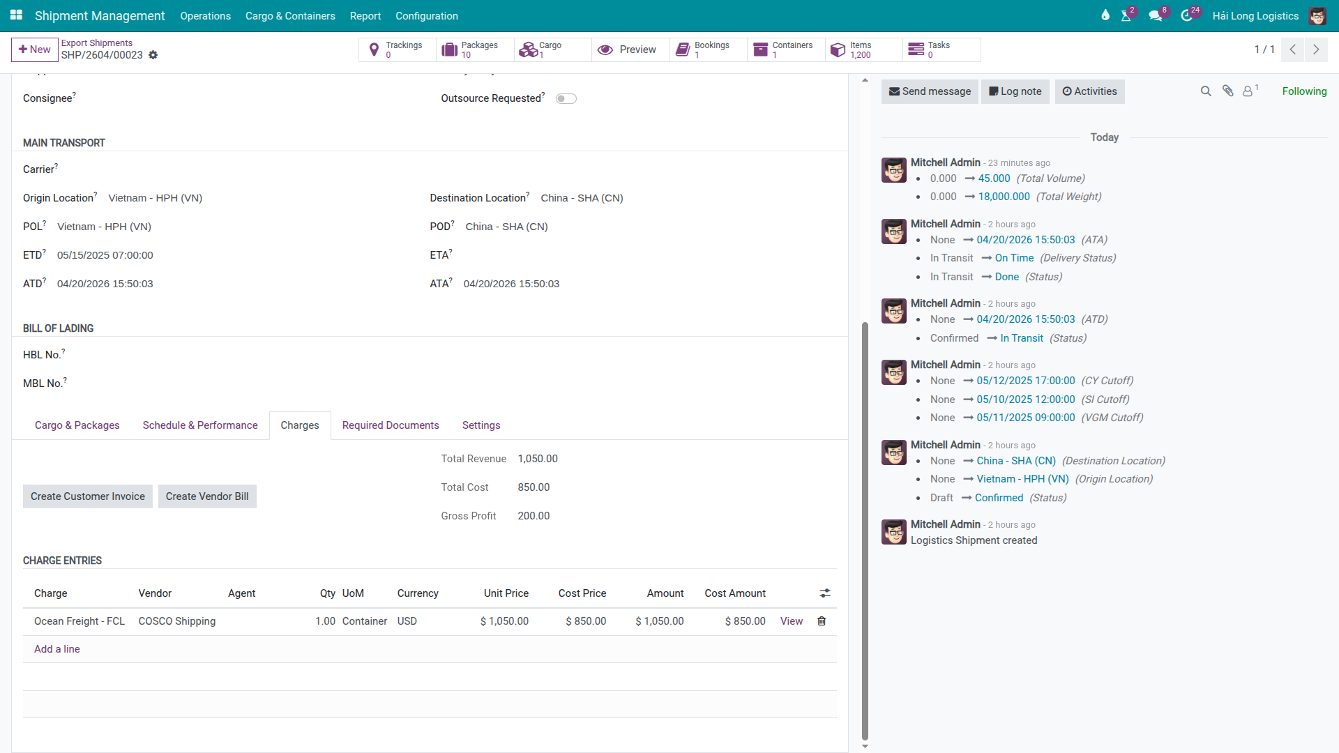 Charges tab for Nhat Long shipment showing Ocean Freight, Create Customer Invoice, Create Vendor Bill, and Gross Profit.