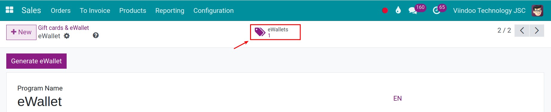 View created eWallets in Viindoo