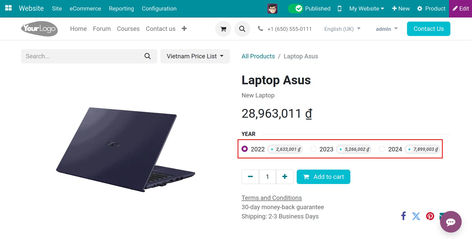 display on the website