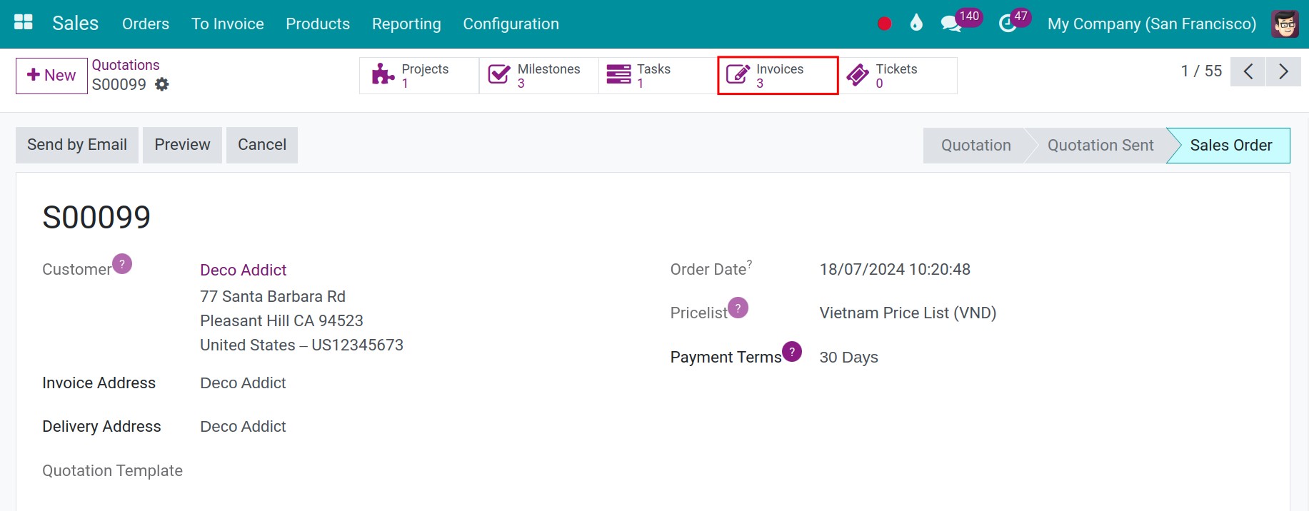 Check the number of invoices created for the order