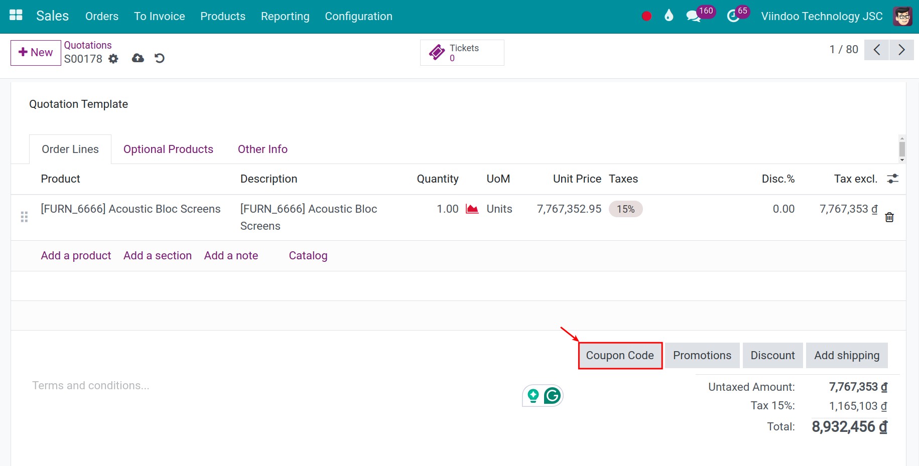 Discount code button on sales order in Viindoo