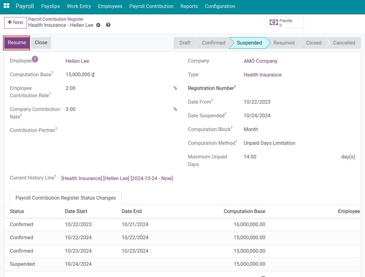 Resume button in the suspended record