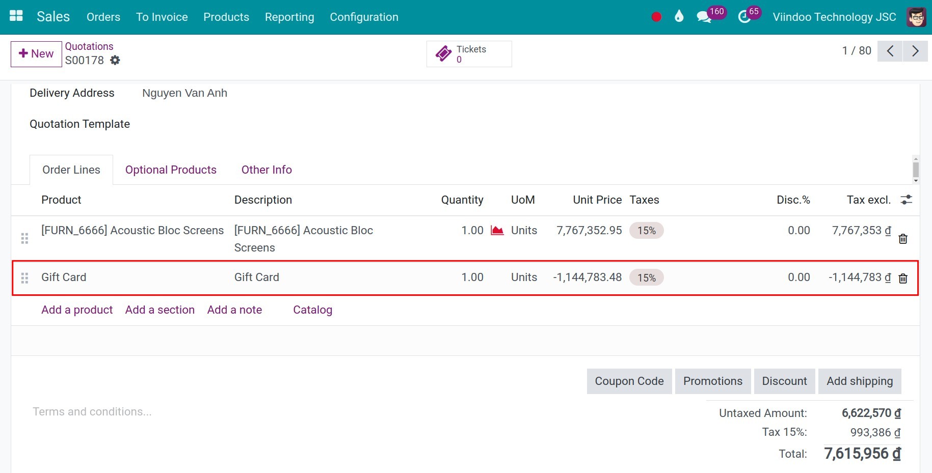 Sales order after applying a gift card or eWallet in Viindoo