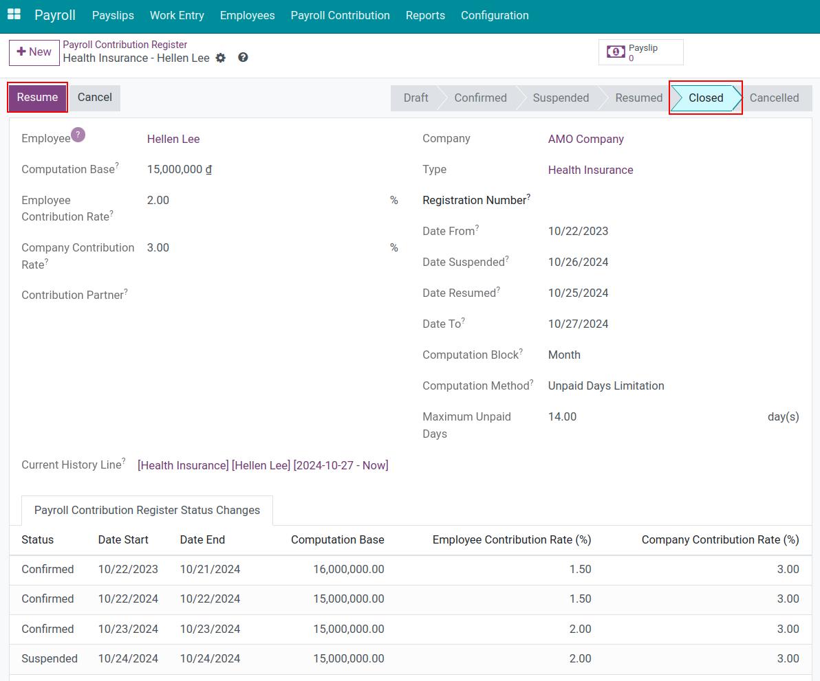 Resume a closed record of insurance contribution registration