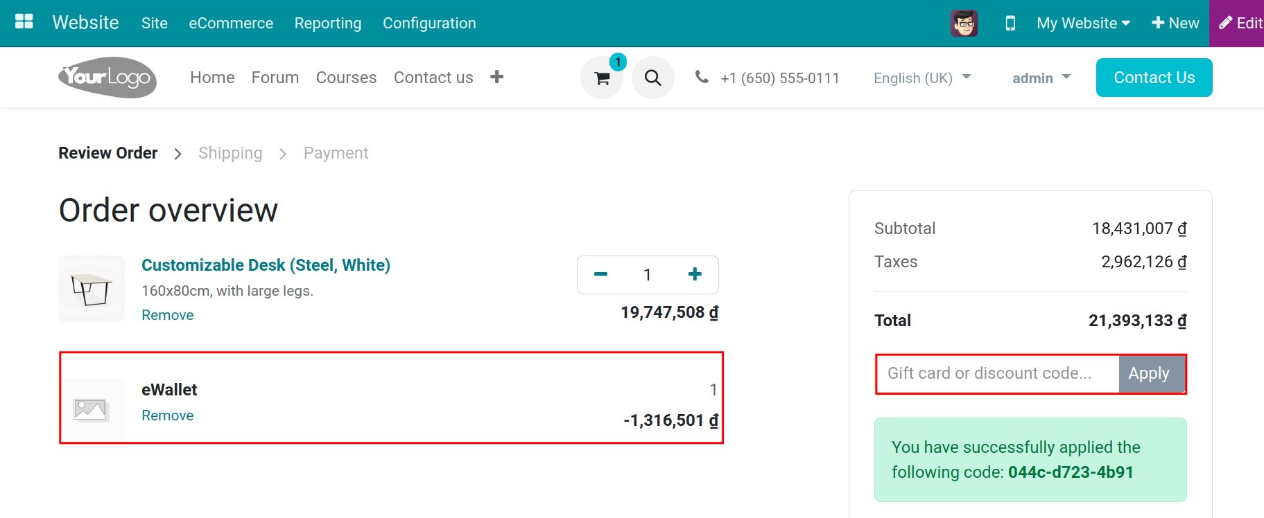 enter eWallet code on ecommerce done