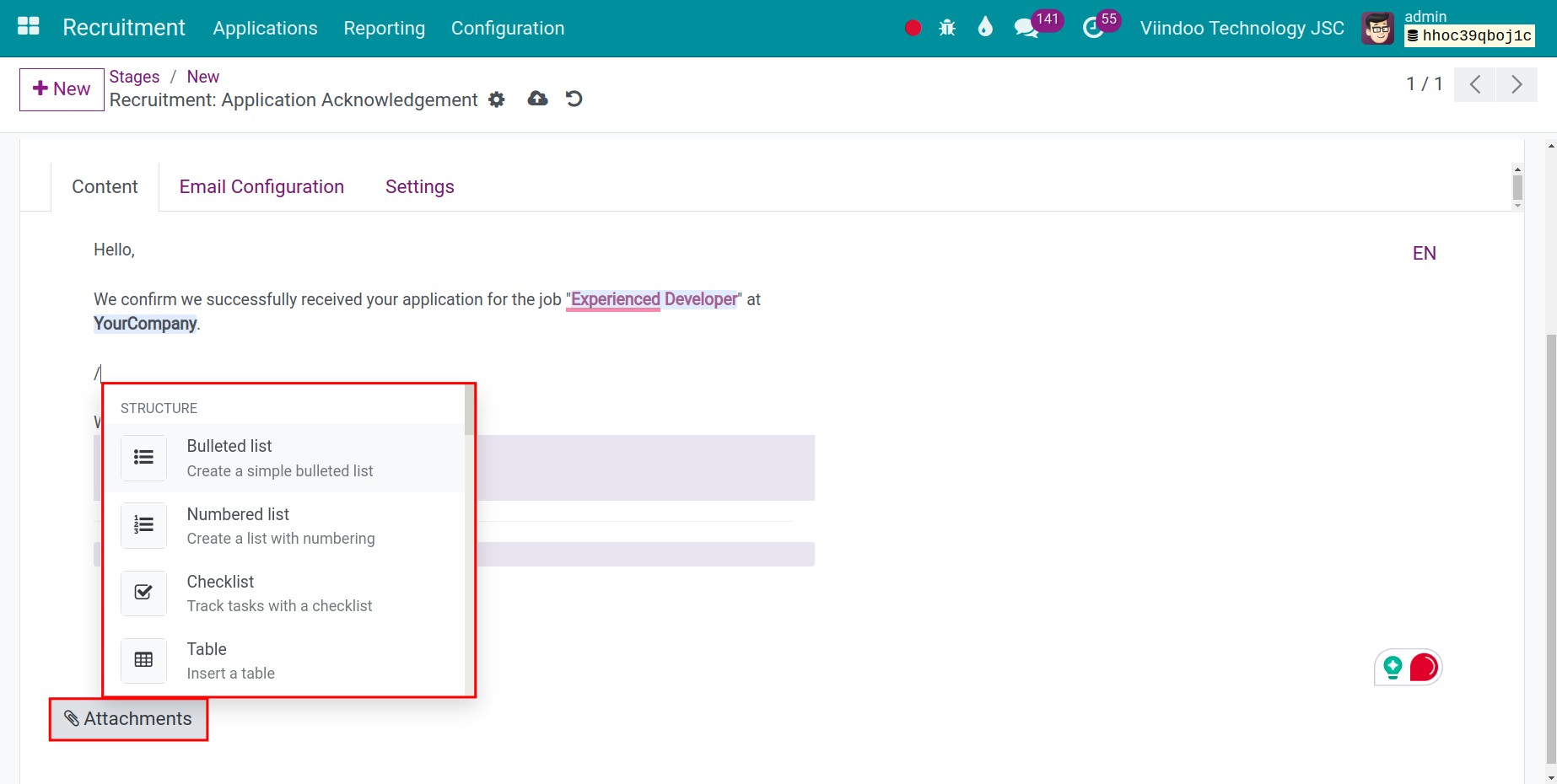 Tạo mẫu email tab nội dung, đính kèm