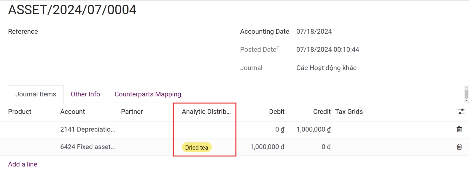 Analytic account in Assets Viindoo