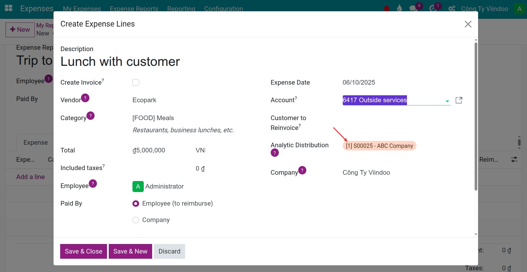 Analytic account in the employee expenses