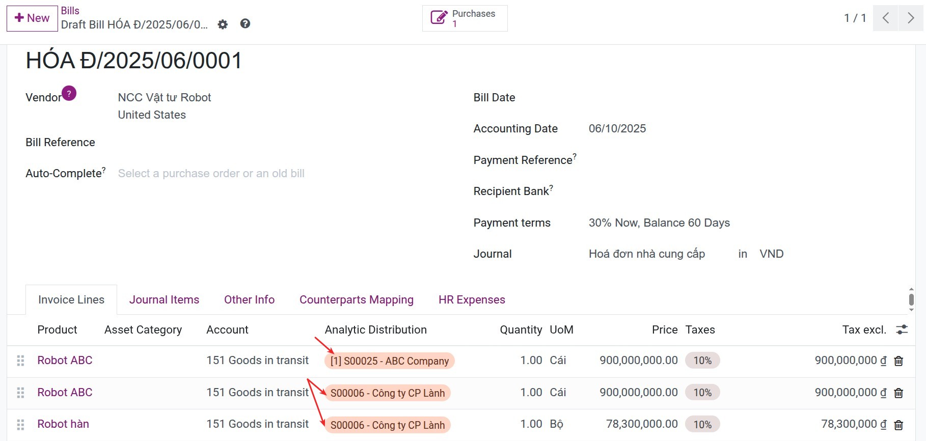 Analytic account on the vendor bill's lines