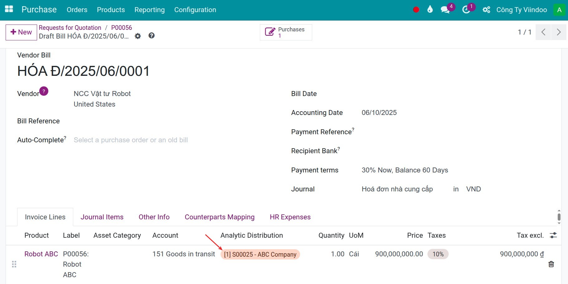 Analytic account on the vendor bills