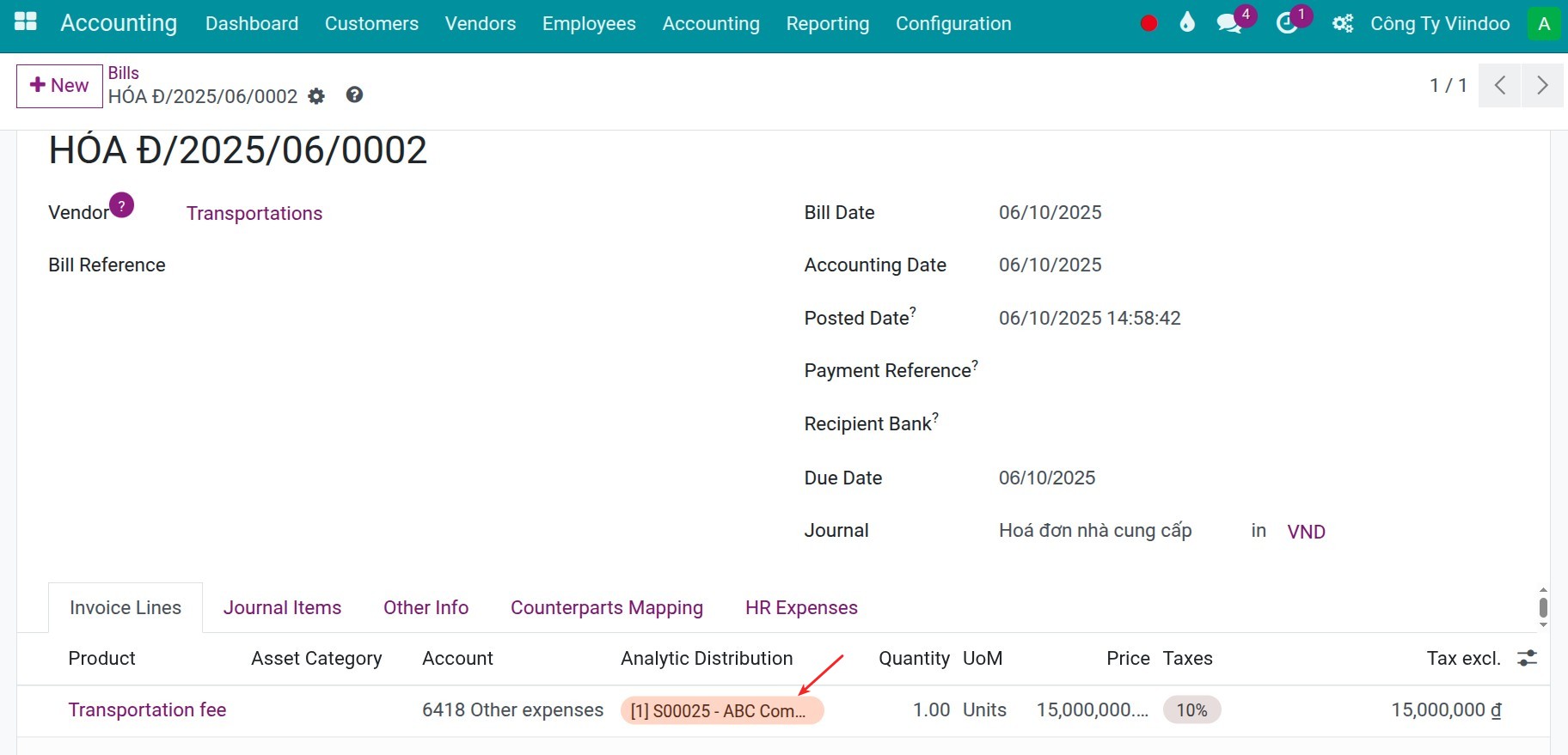 Analytic account on the vendor bills