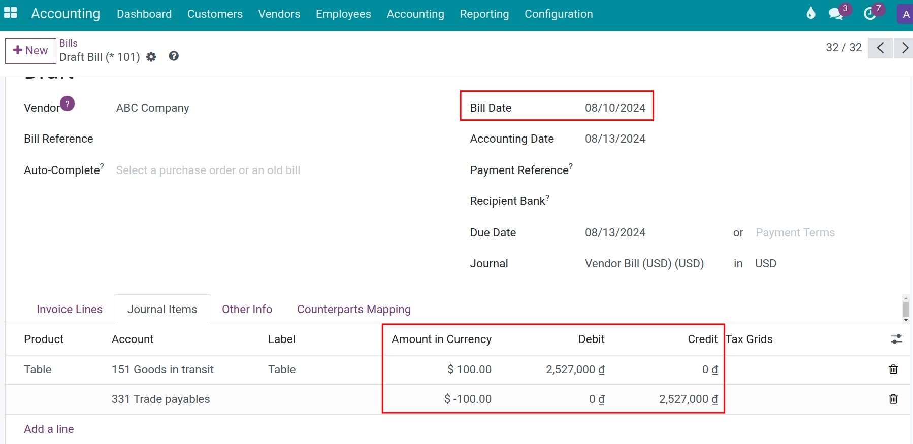 Exchange rate in vendor bills Viindoo