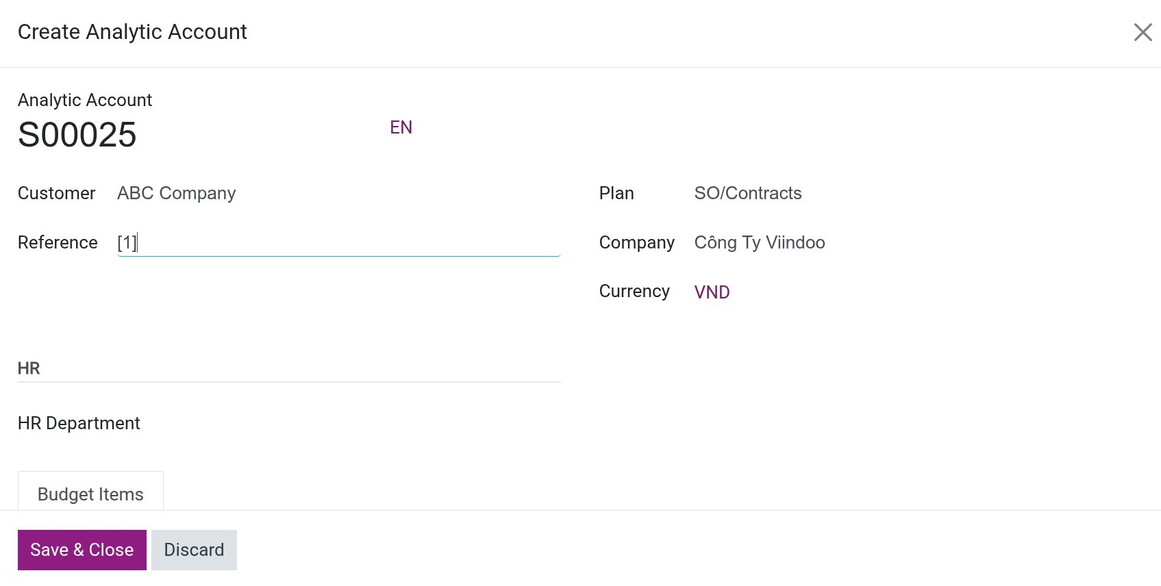 Configure the analytic account
